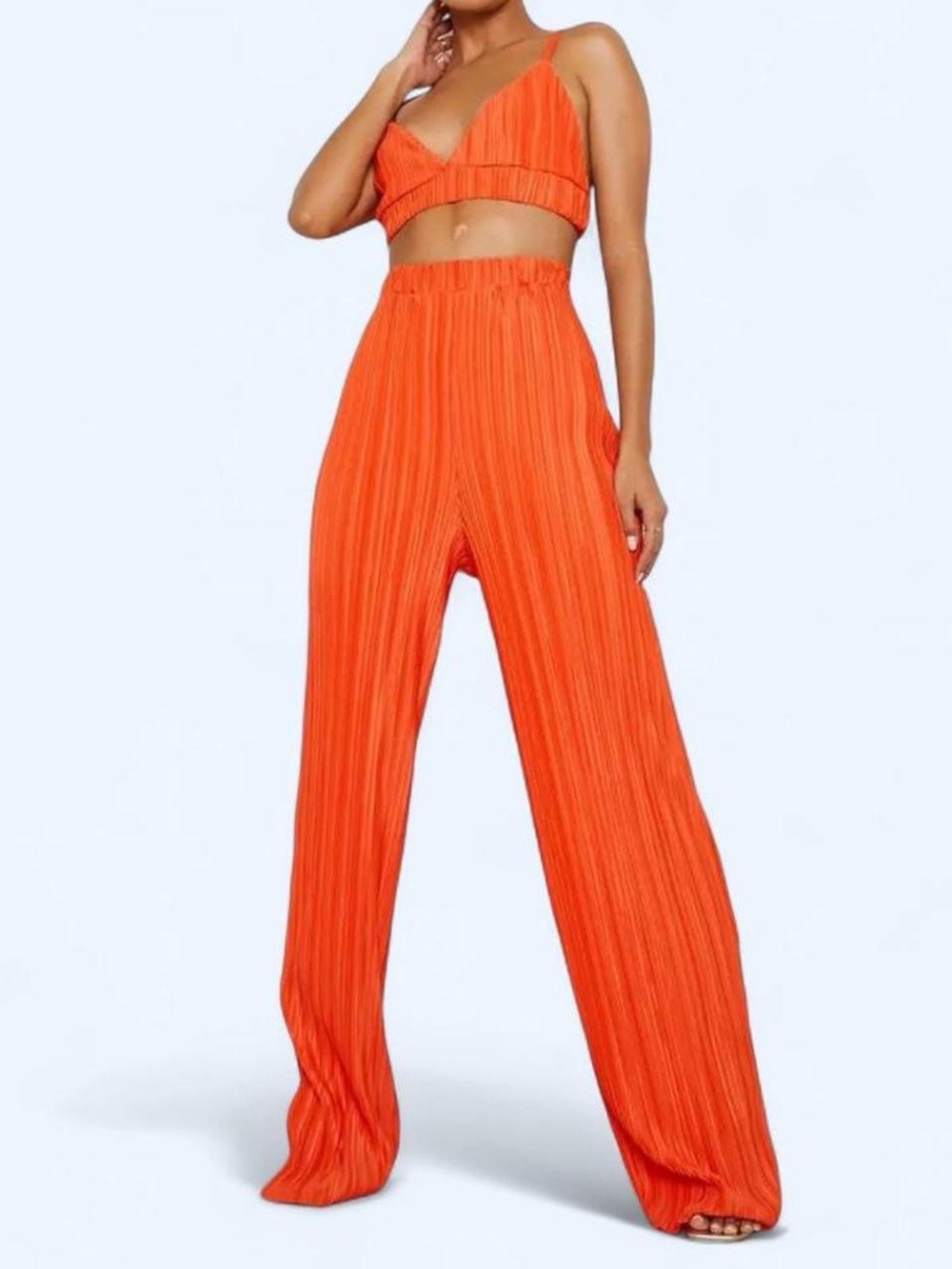 Boohoo Bright Orange Pleated Wide-Leg Pants and Bralette Top - Matching Set NWT